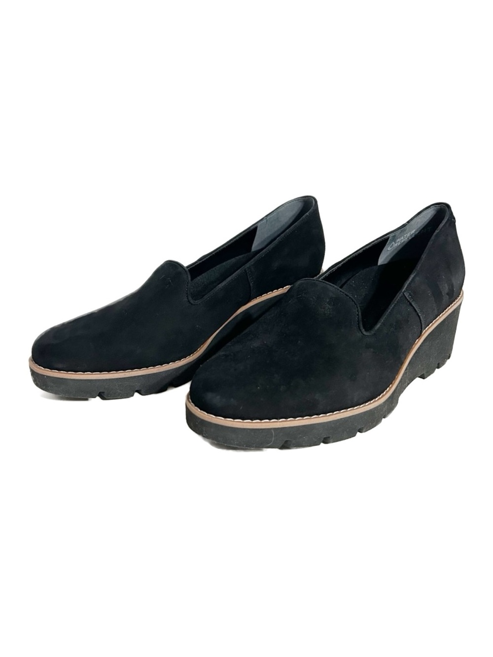 Vionic Willa Wedge Black Leather Suede Loafers Moc Wedge Slip On Shoe Round Toe